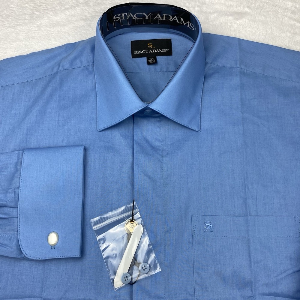 STACY ADAMS Dress Shirt Mens 15.5-34/35 Blue French Cuffs Wrinkle Resistant NWT!